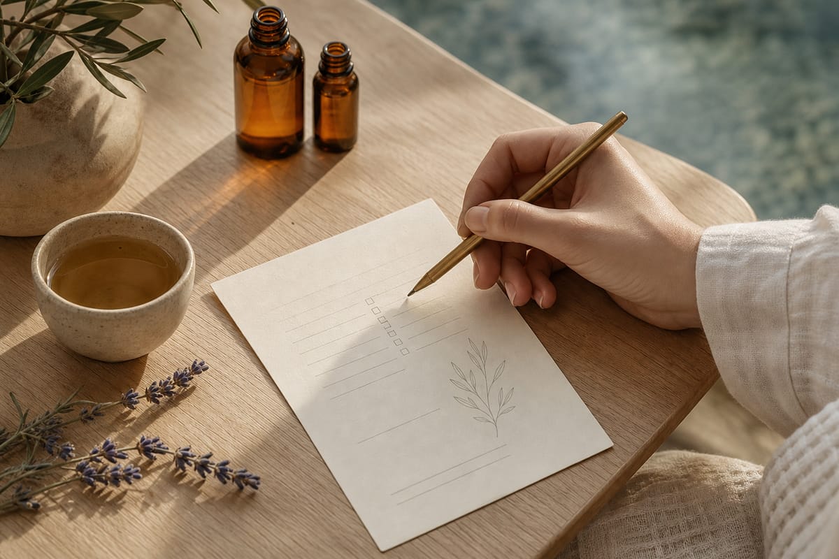 Une main remplit la fiche de consultation au stylo, à côté d'une tasse de tisane