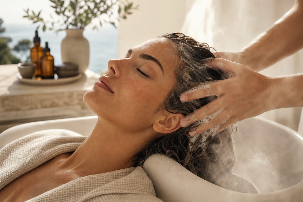 Massage du cuir chevelu pendant le shampoing, dans la vapeur